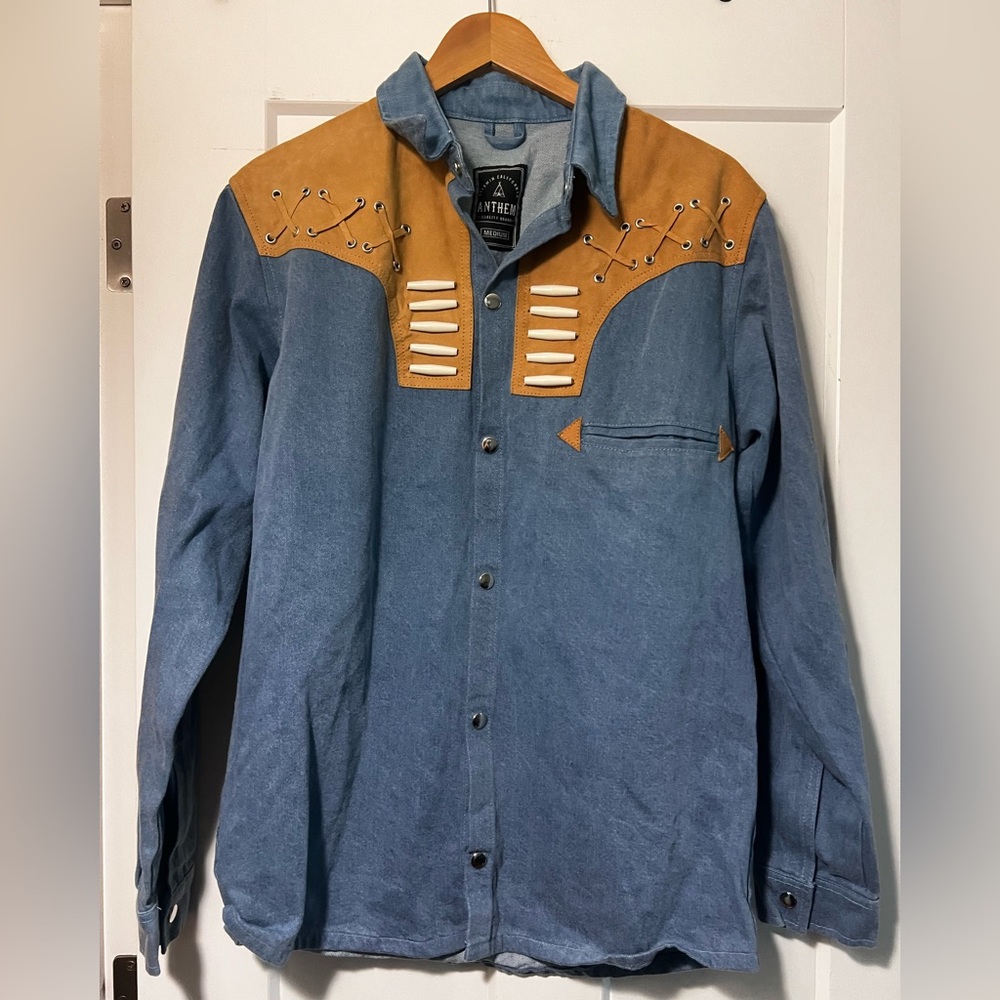 VTG ANTHEM Western Jacket M Denim Suede Yoke Bead Shacket Southwest Boho Cowboy